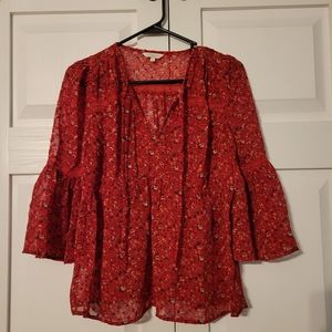 Lucky Brand Women's Size Small Red Floral Semi Sheer Blouse Bell Sleeves